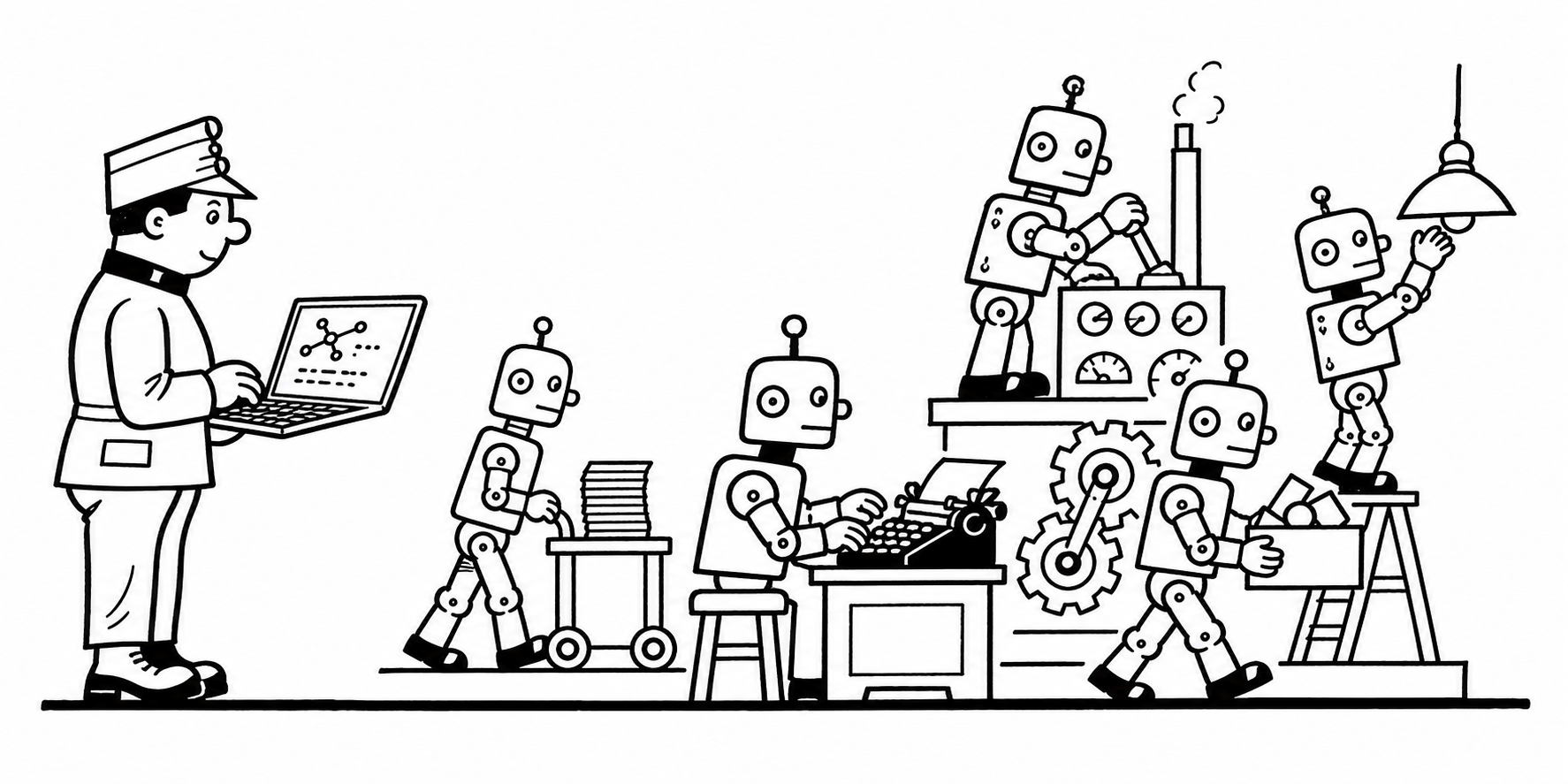 Programátor sleduje svět řízený roboty a AI