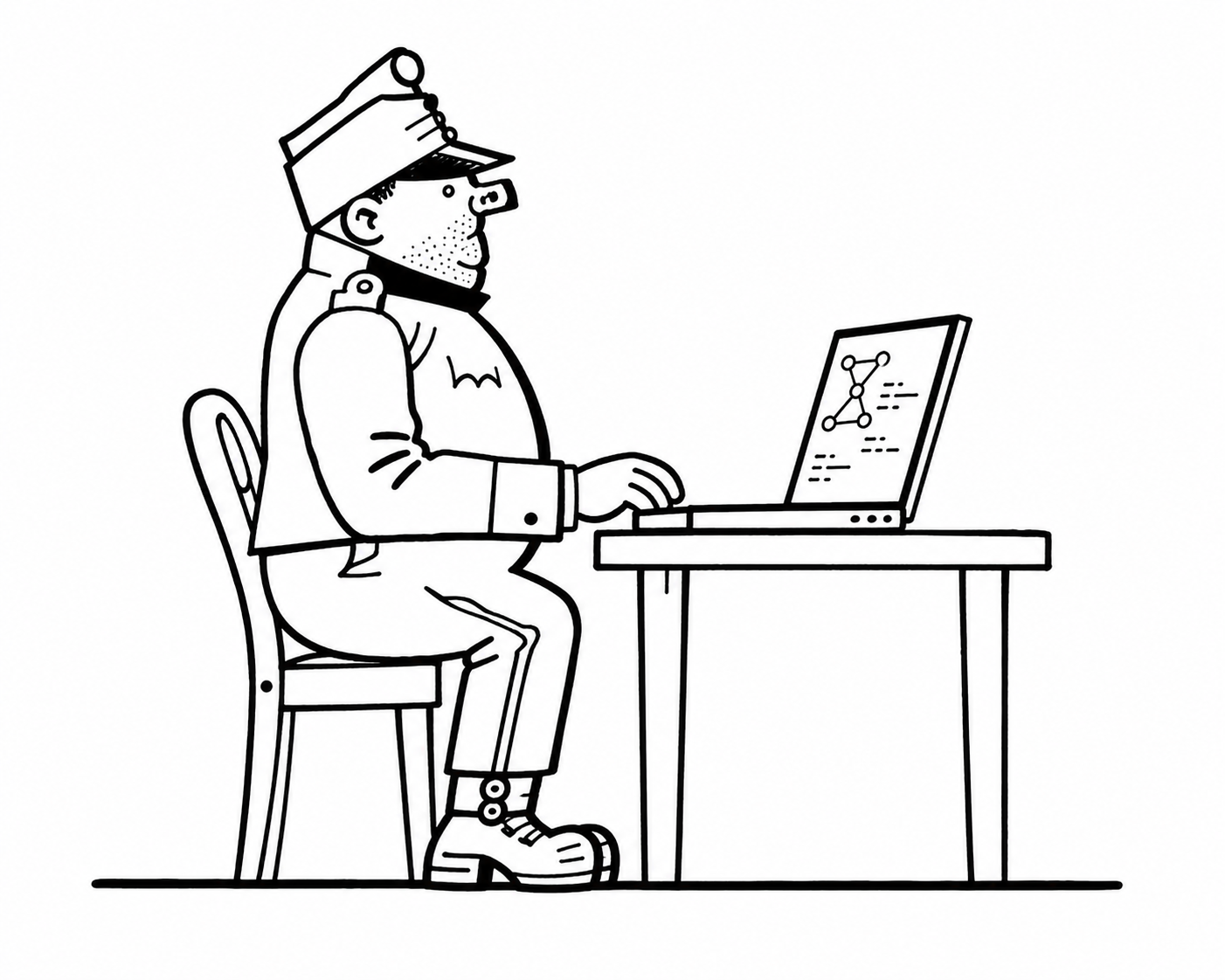 Švejk sedí u laptopu, na kterém běží AI