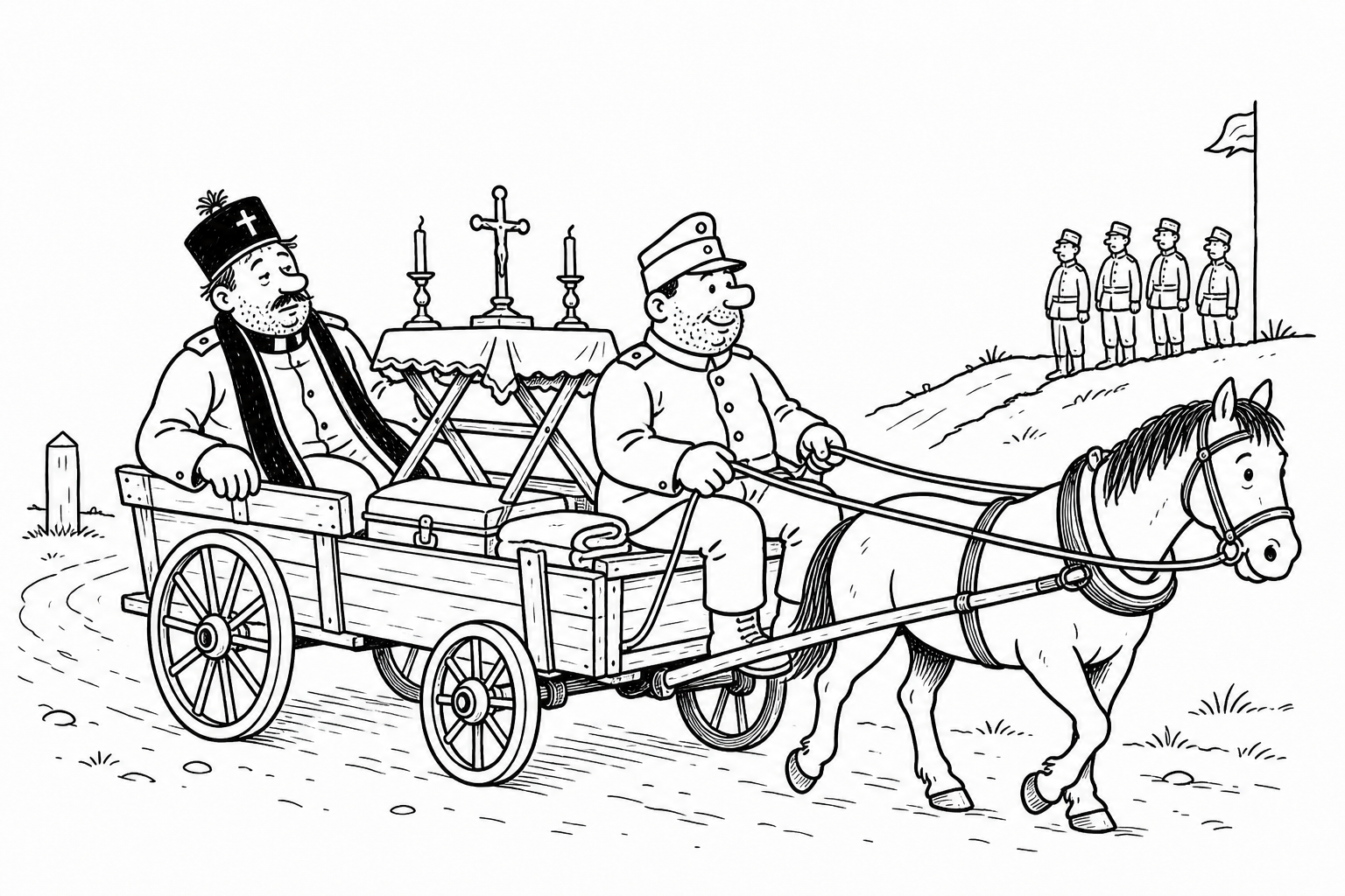 Ilustrace ke kapitole Švejk jede s polním kurátem sloužit polní mši